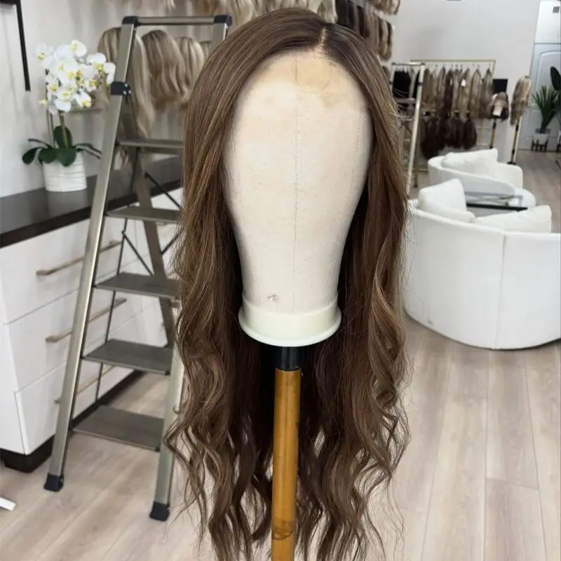 Ombre Caramel Brown Highlights Synthetic Lace Front Wig 28 Inch Natural Long Body Wave Wig Preplucked Hairline with Baby Hair