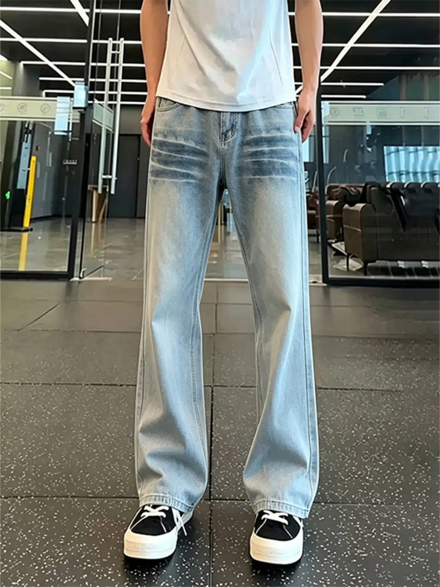 Light Blue Washed Lightning Pattern Jeans Straight Leg Bell Bottoms for Women High Street American Style Slimming Jeans
