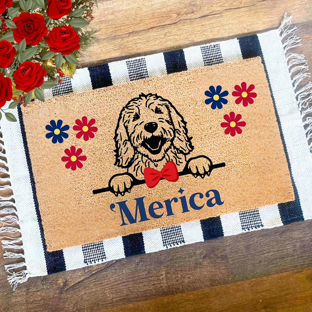 

Custom Doormat Personalized Welcome Mat American Flag Patriotic Cat Dog Lover Gift Heavy Duty Non Slip Coir Front Door Outdoor