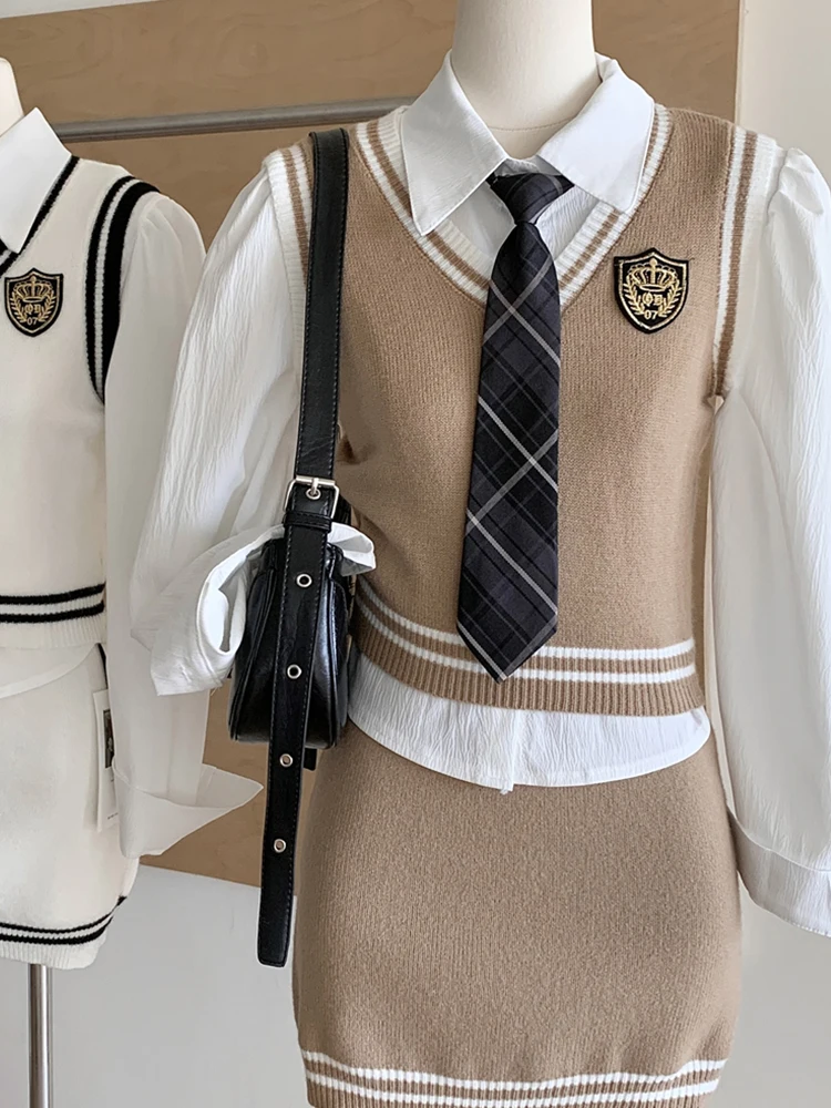 Fall Winter Women Preppy JK College Outfits 3 Piece Japanese Y2k Uniform Set Long Sleeve Shirt With Tie + Knit Vest + Mini Skirt