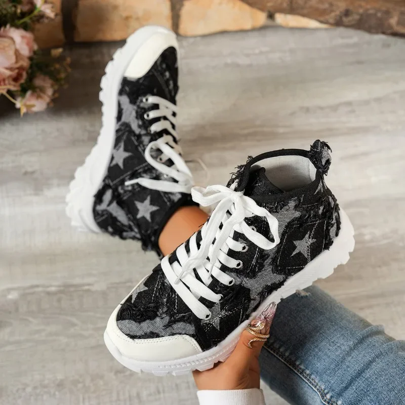 New Five Star Print Canvas High Top Sports Shoes Women's Sneakers Denim Lace Up Lightweight Anti-slip Sole Casual Sports Shoe