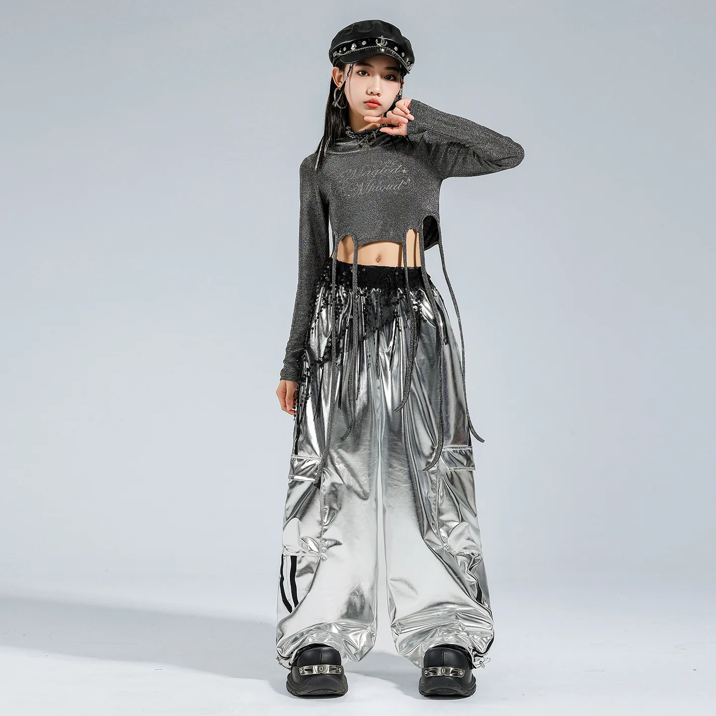 Hip Hop Girl Sequins Shiny Hoodie Crop Tops Kids K-pop Graffiti Cargo Pant Jazz Clothes Sets Child Girl Group Streetwear Costume