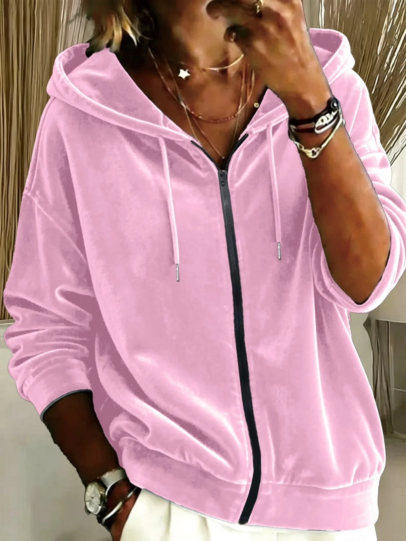 2026 Herbst Winter Neue Damen Freizeitjacke aus Samt mit Kordelzug, Kapuze und Reißverschluss, Langarm-Hoodie – Detail 5