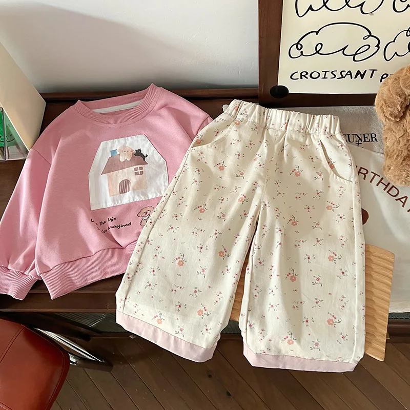 Childrens Girls Pants 2025 Spring New Cherry Floral Cute Korean Loose Pants For Young Kids Girls Elatic Waist Toddler Girl Pants