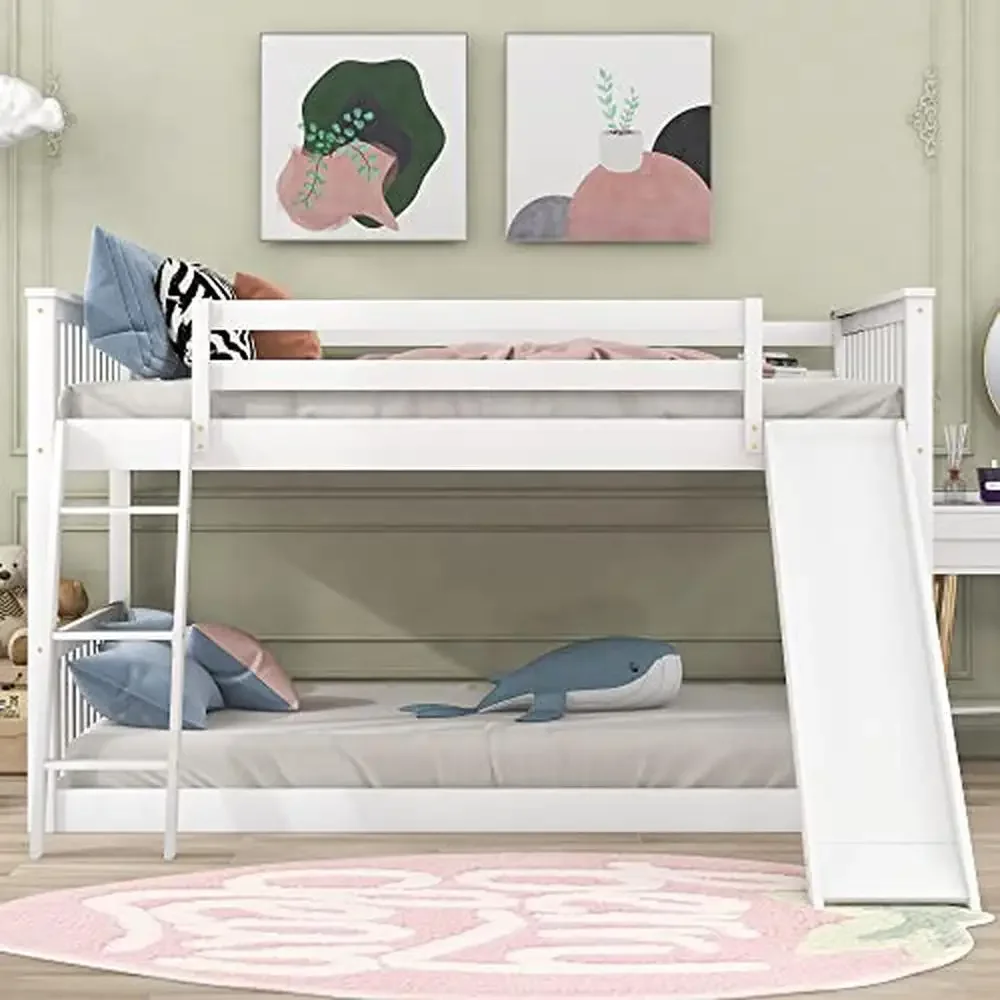 Full Low Bunk Bed with Slide and Ladder Kids Boys Girls White Pine Wood Convertible Floor Bunk Bed Modern Design No Box Spring