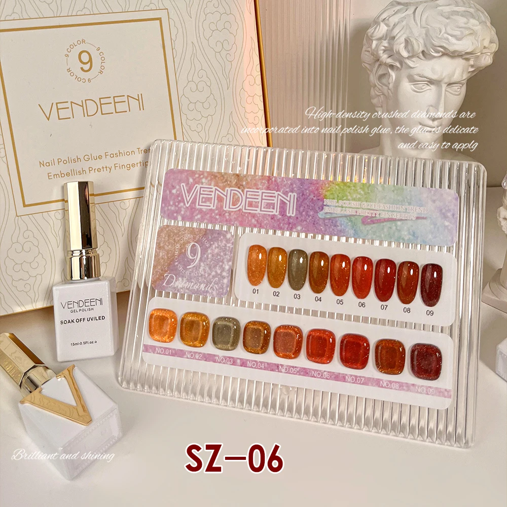 Vendeeni 15ml 9 Color/set Maple Leaf Red Glitter Broken Diamond Gel Nail Polish Soak Off UV Led Caramel Brown Nail Art Varnish