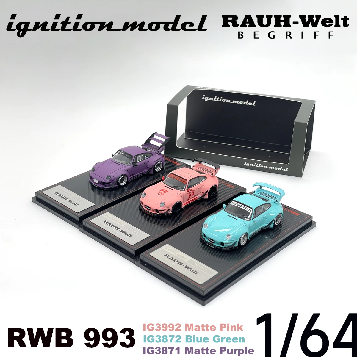 Modèles Ignition 1:64 IG3992 Rose Mat, IG3872 Bleu Vert, IG3871 Violet Mat, RWB 993 Véhicules Miniatures de Collection en Stock