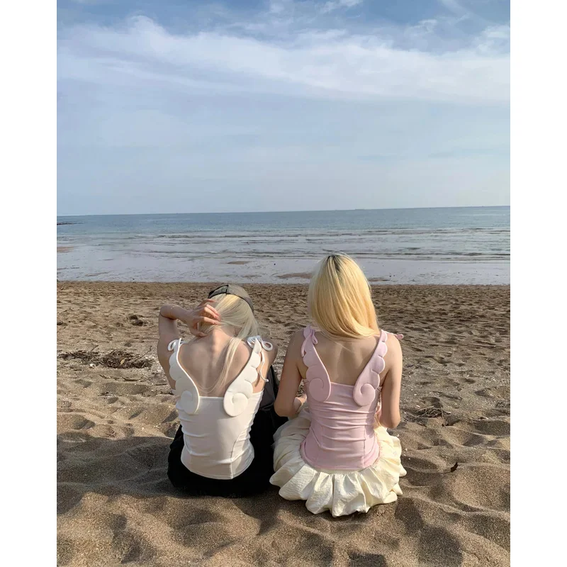 

Korean Niche Fashion Solid Sweet Style Slim Fit Tanks Cute Wing Element Summer Personality Fresh Clothing Kawaii Tanks