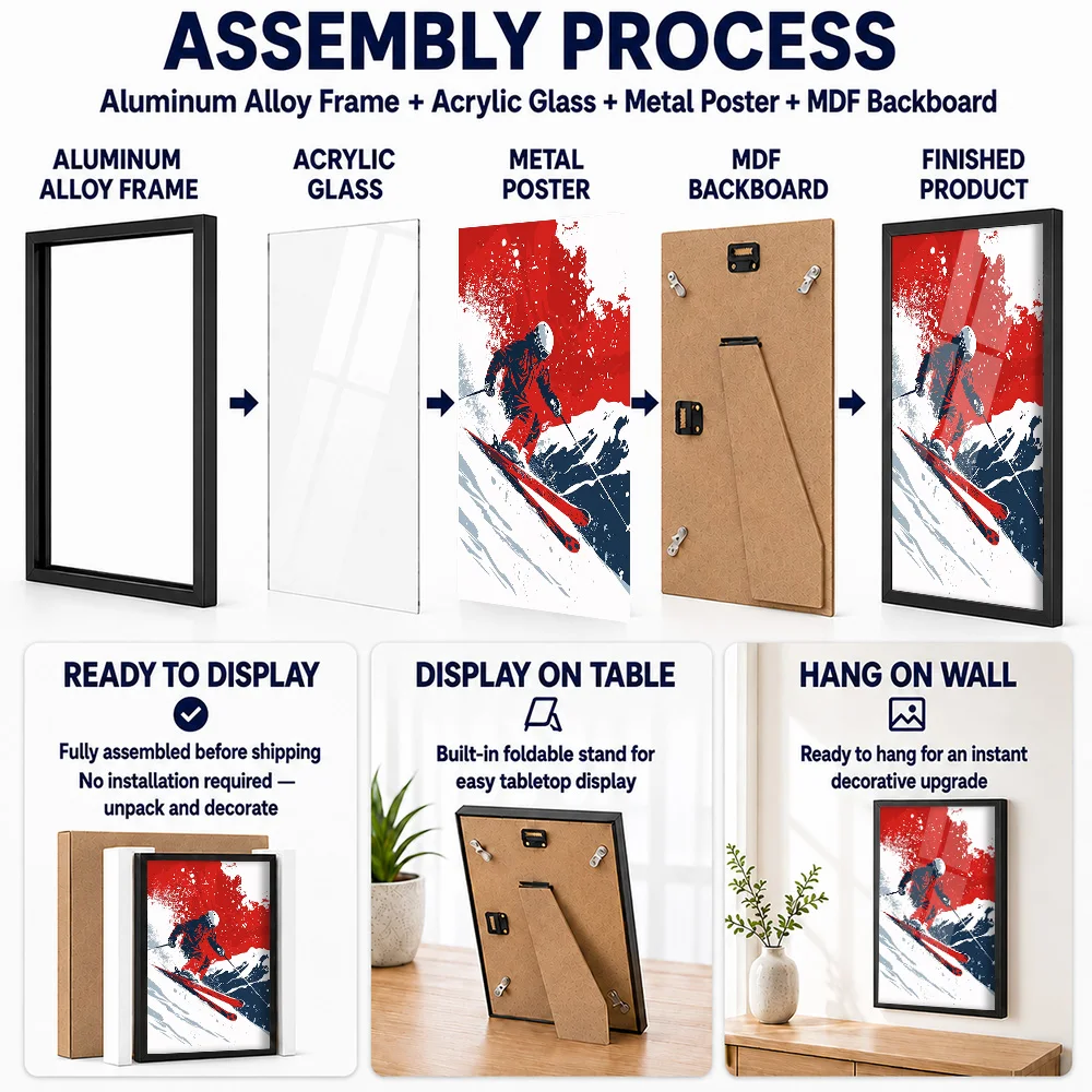 Skier Red Metal Poster With Aluminum Alloy Frame Customized Paint Splash Wall Art For Ski Lodge And Mountain Cabin Living Room