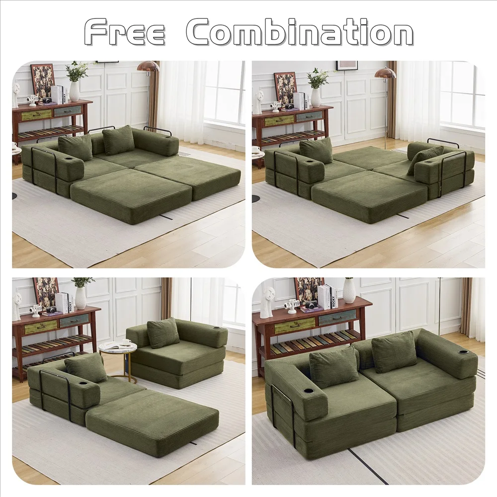 Modernes Frei Kombinierbares Modulares Ecksofa Olivgrüner Cord Convertible Couch mit Getränkehaltern Platzsparende Möbel – Detail 31