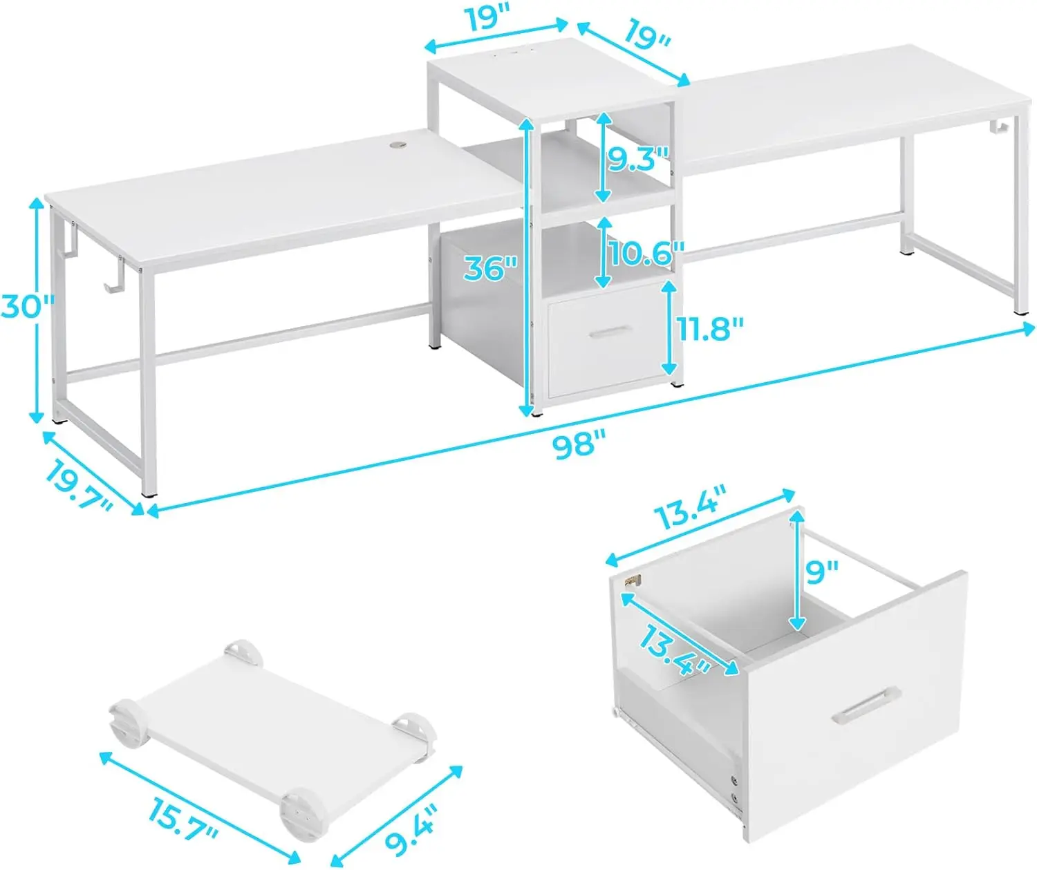 2 Person Long Desk with Storage, Printer Shelf & Monitor Stand for Home Office, White