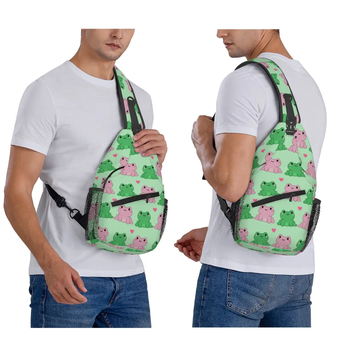 Two Frog Love Heart Cartoon Chest Bag Men Sling Crossbody Backpack Chest Bag Travel Hiking Daypack Shoulder Bag