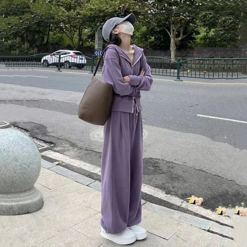 Woman's Winter Japanese Street Hooded Sweater Coat Wide-leg Pants Suit Retro Casual Zipper Sweater Cardigan Pants Two-piece Set