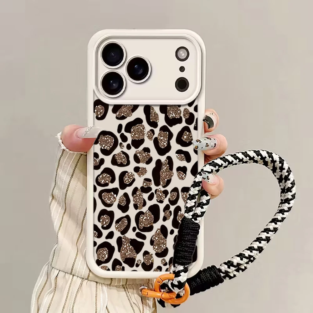 Leopard Print INS Hand Wrist Strap Case For iPhone 16 17 Pro Max Cases iPhone 11 12 13 ProMax 14 15 Plus With Lanyard Soft Cover