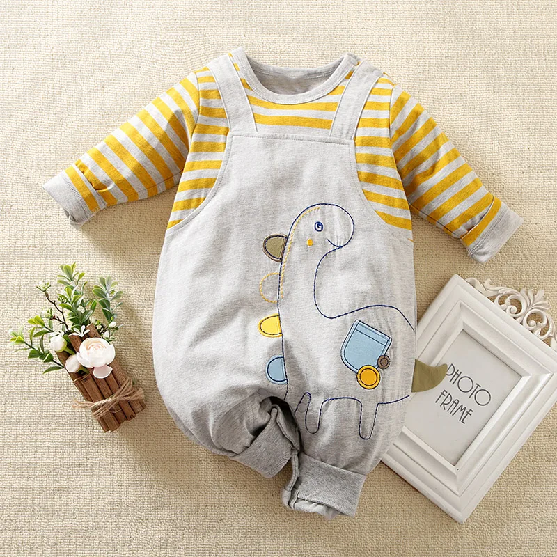 Baby Spring and Autumn Cartoon Embroidered Dinosaur Strap Long Sleeve Pants Cotton Baby Boys and Girls Bodysuit