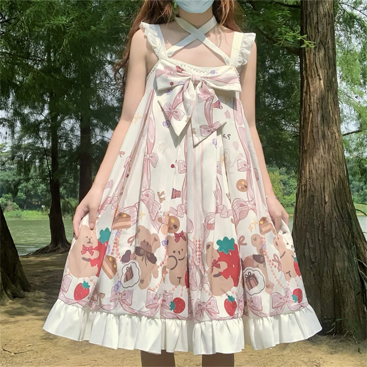 JSK – robe à volants pour filles, Style japonais, douce, Cosplay, Lolita Kawaii, Loli, imprimé fraise, ours, gâteau, cadeau, nœud de perle