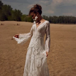 Vestidos De Novia bohemios Vintage para mujer, Vestidos De Novia con cuello en V, Espalda descubierta, mangas acampanadas, batas De encaje, 2024