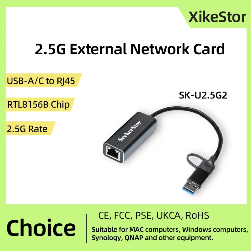 XikeStor 2.5G Network Card USB3.0&Type-C to 2.5G Dual Interface External Network Card Ethernet Converter 2500M