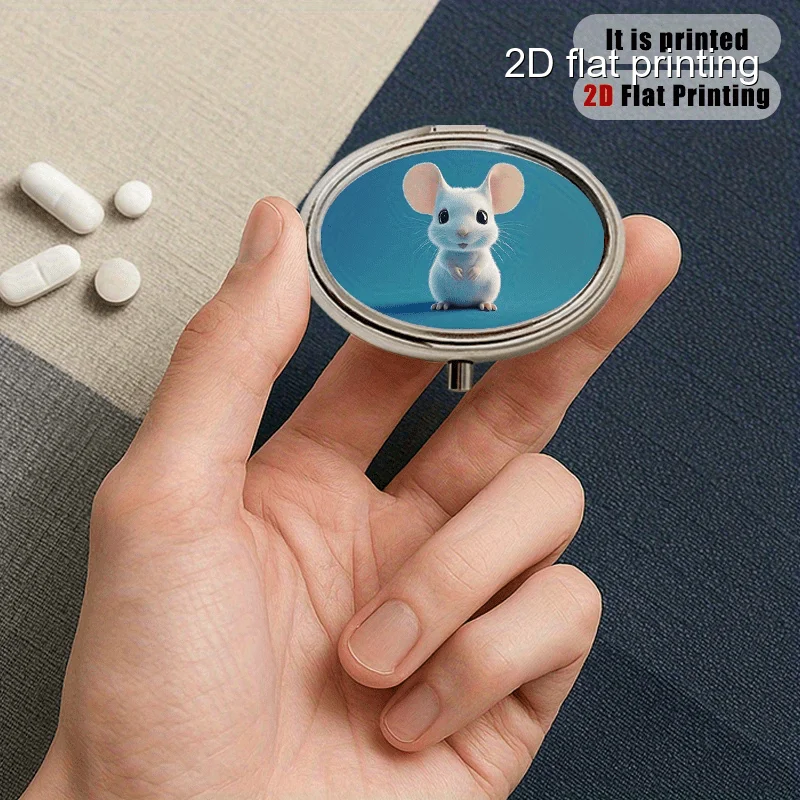 Mouse 42 Pattern Round 2-Compartment Sealed Pill Box, Multi-Purpose Metal Compact Simple Sealed Box, Compact Metal Sealed Compartment Box for Vitamins, Multiple Compartments Storage Box, Printed Position May Vary