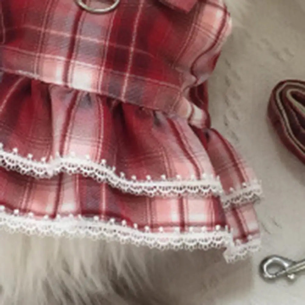 Cat Dresses Bowknot Decor Pet Leash Set Plaid Pattern Kitten Skirt With With Traction Rope Pleated Hemming Round Neck Dog Outfit