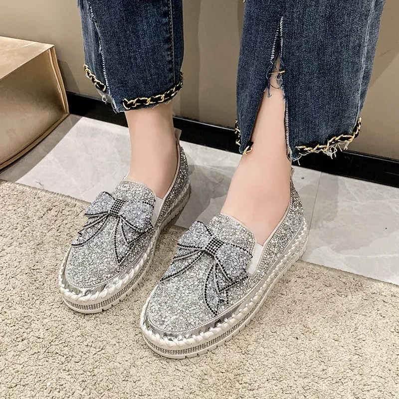 2024Fashion Women Shoes Shining Rhinestone Loafer Bowknot Slip-on Thick Botton CasualCrystal Female Platform Sneakers Sports