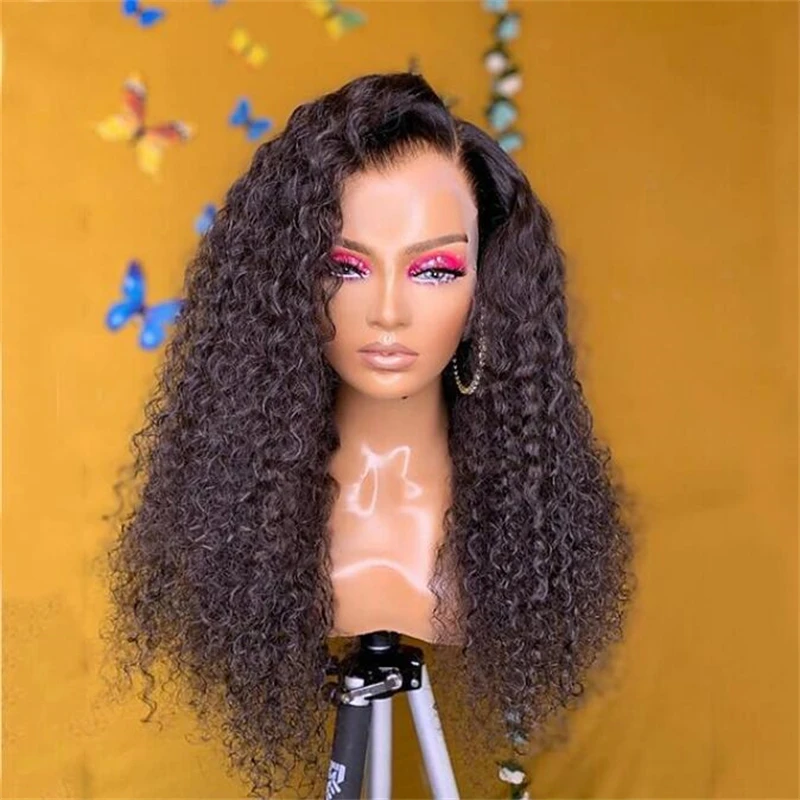 미리 뽑은 부드러운 긴 곱슬 내추럴 블랙 180 밀도, 자연스러운 헤어 라인 레이스 프론트 가발, 흑인 여성 아기 머리용, 26 인치