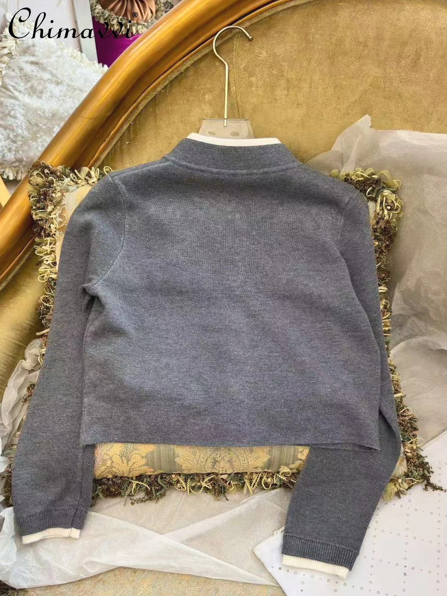 Осень-зима 2022, новый модный тонкий серый вязаный кардиган, женский милый трехмерный цветочный декор, элегантный свитер, пальто