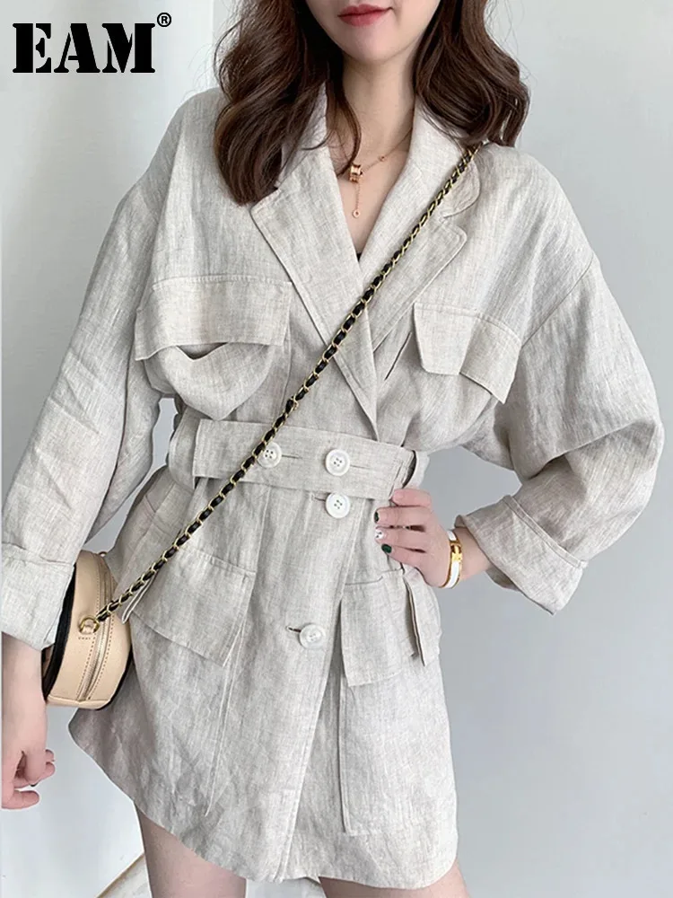 [EAM] Loose Fit Linen Button Split Joint Big Size Jacket New Lapel Long Sleeve Women Coat Fashion Tide Spring 2025 1X5010