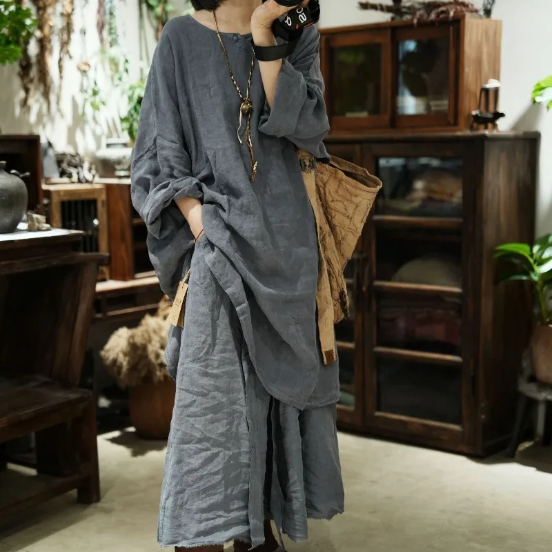 Women Artist Vintage Style Linen A-Line Long Maxi Skirts 2026 Autumn Fall New Original Elastic Waist Female Loose Pleated Skirts