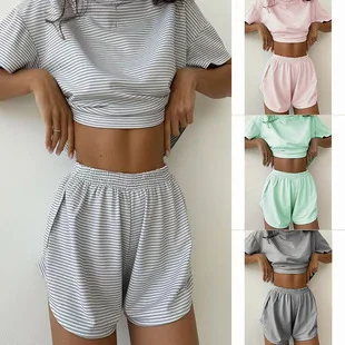 

2026 Spring/Summer New Set Striped Casual Set Short-Sleeve Round-Neck Top and Shorts Set for Women