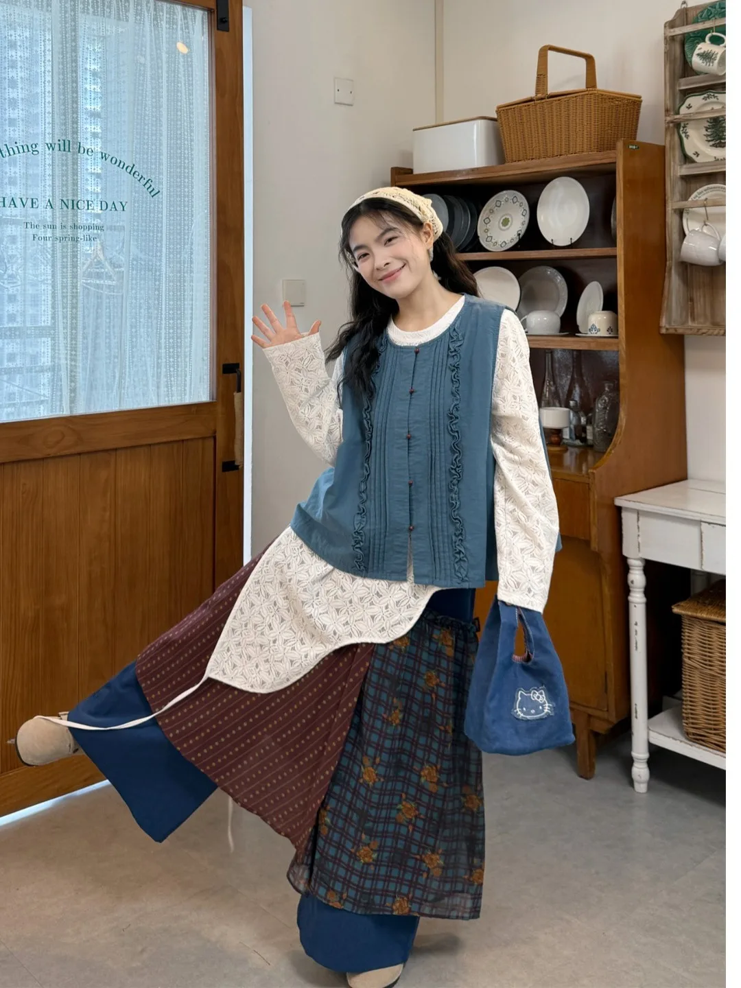 

plus Size Women's Vintage Lace Trim Long Sve T-irt High Waist Ele Patchwork Pants Set Autumn Faion Casual Outfit