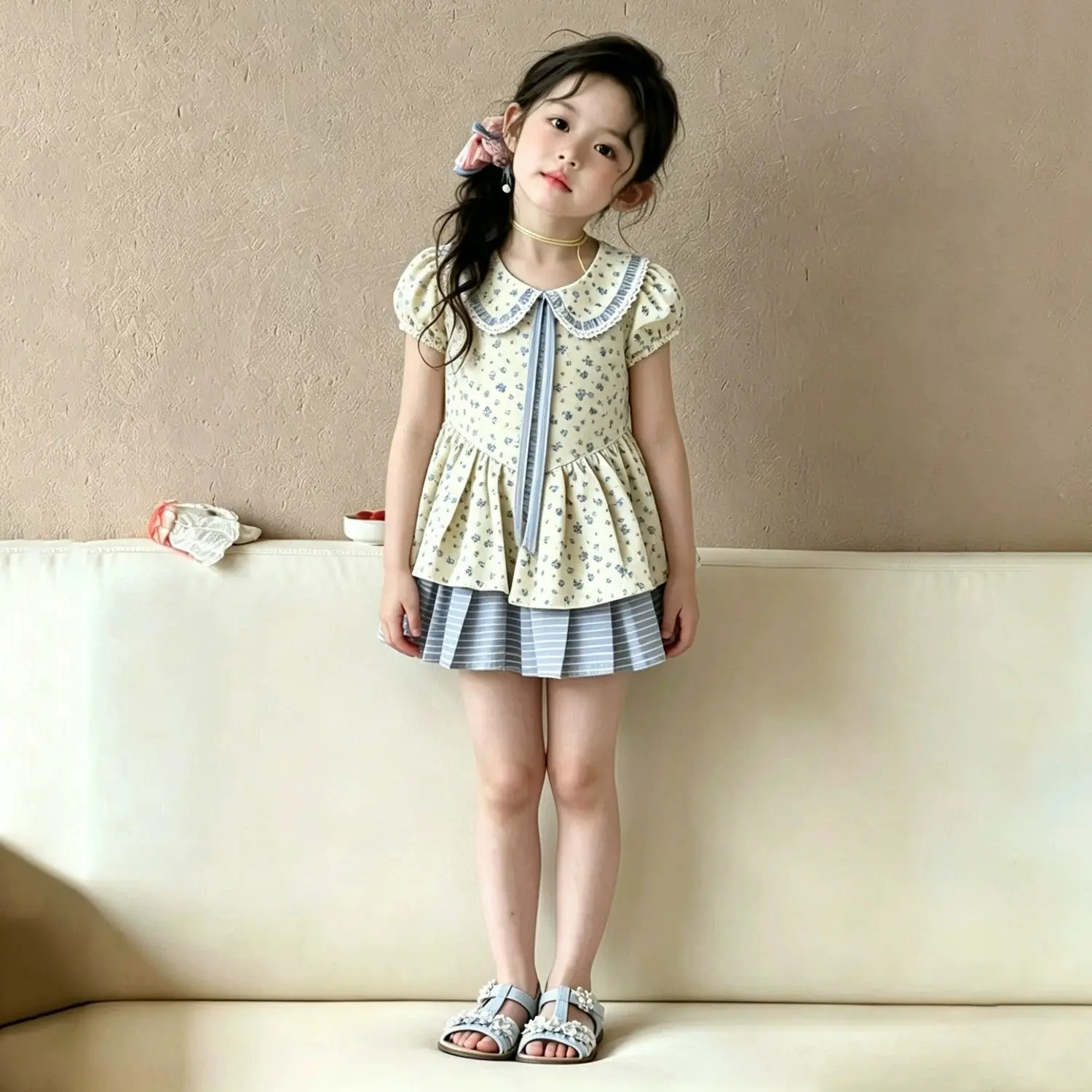 Korean girls' 2026 summer new cute countryside style floral doll collar dress with bubble sleeves princess dress
