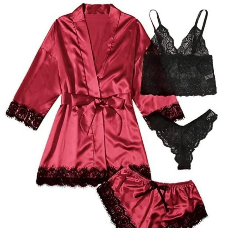 4 Pieces Pajama Sets Silk Lace Robe Dresses Lingerie Panties Women Sleepwear Loungewear High-end Clothing Trends Pajamas New