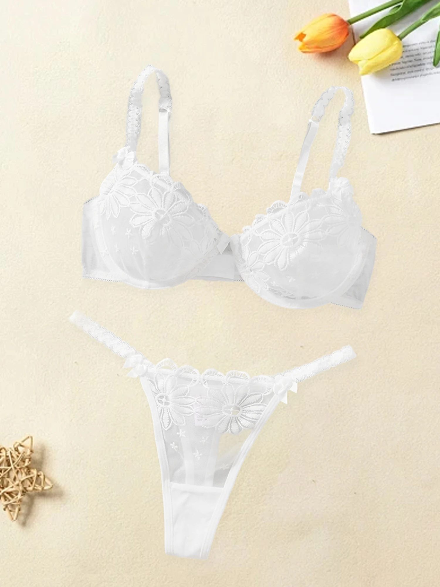 

Sexy Lace Lingerie Set Floral Embroidered Bra and Panty Set with Low Rise Waistband Women s 2-piece Intimate Underwear