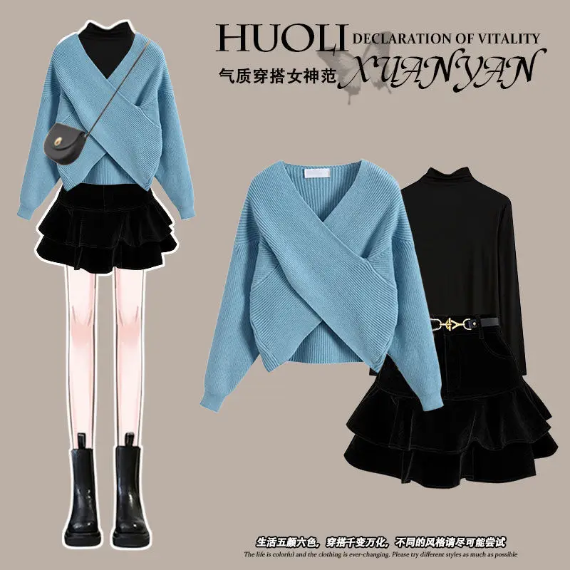 Large size women's autumn and winter set 2024 new fashion sweater slimming base shirt half skirt three piece set trendy