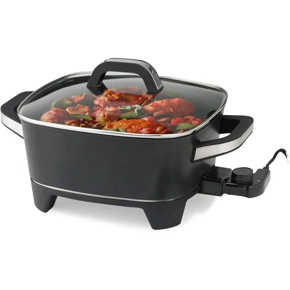 Elektrische Pfanne, 12 Zoll, antihaftbeschichtete Kochfläche, 1500 W, einstellbare Temperatur, tiefe Pfanne mit Glasdeckel, stabile Kühlgriffe