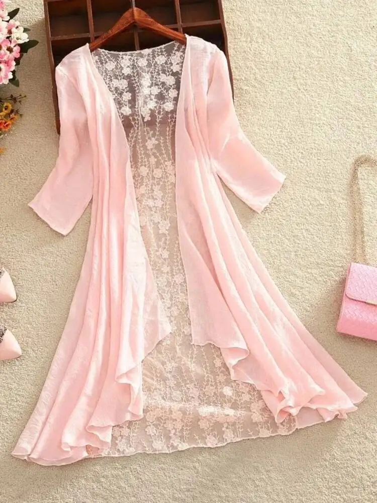 Giacca da donna in pizzo estiva elegante mezza manica ricamo floreale cappotti in pizzo sottile capispalla cardigan bianco da donna