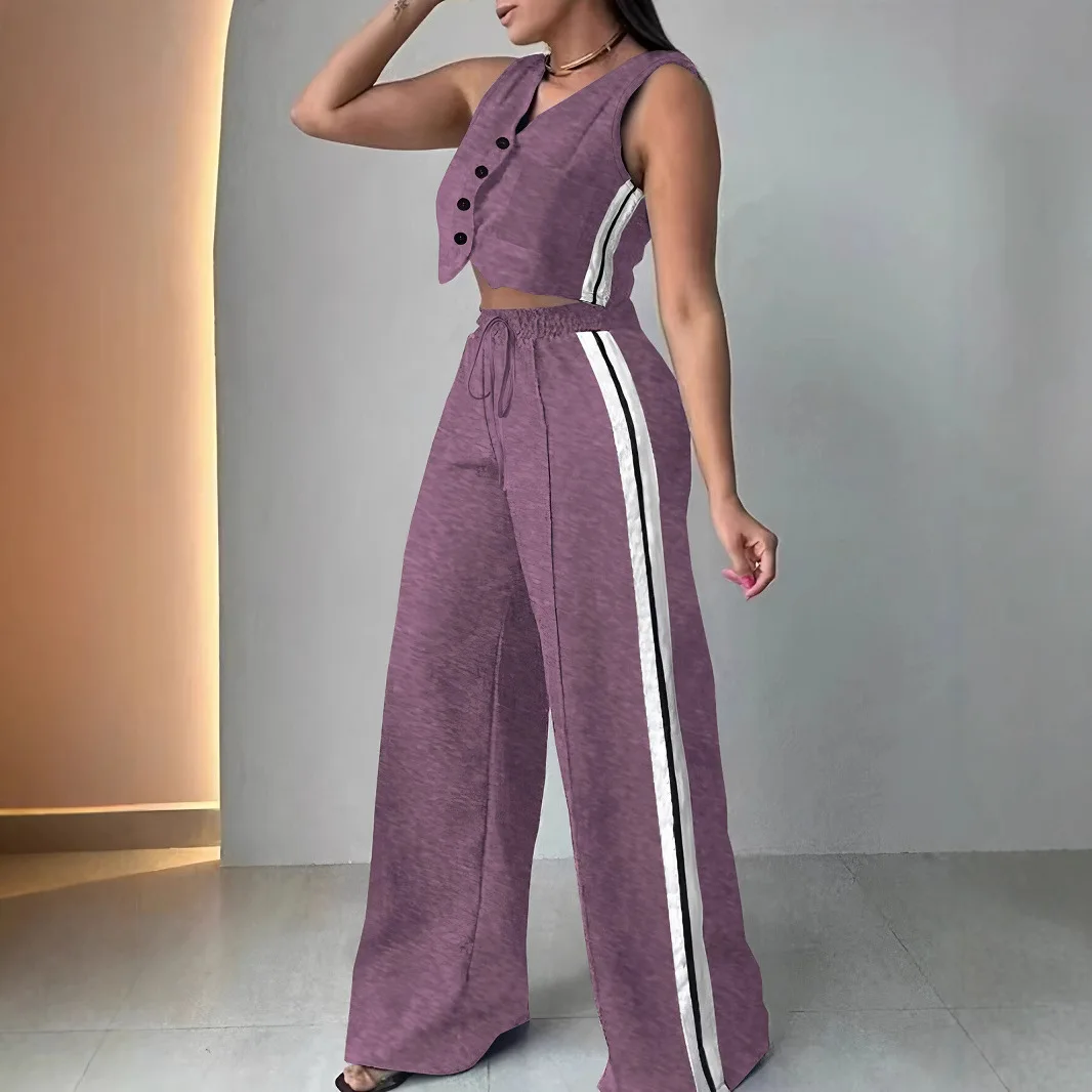 

Polyester Suit For Women Summer Sleeveless Lounge Set With V Neck Button Down Vest Top Wide Leg Pants Women's 2 Piece For Casual