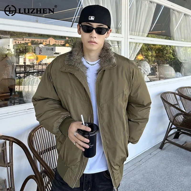 

LUZHEN 2025 Winter New Solid Color Fur Neck Zipper Simple Casual Warm Padded Coat Men's Fashion High Quality Parka Jacket JY4847