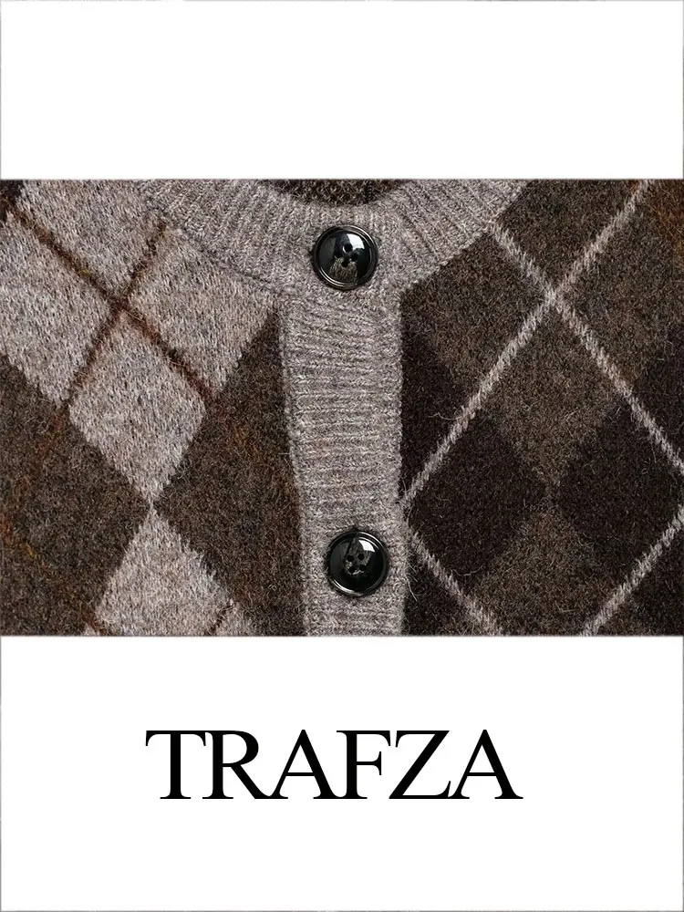 TRAFZA ฤดูใบไม้ร่วงผู้หญิง Chic Rhombus ถักเสื้อสเวตเตอร์ถักแฟชั่นรอบคอ Single-breasted Buttoned ผู้หญิงลําลอง TOP