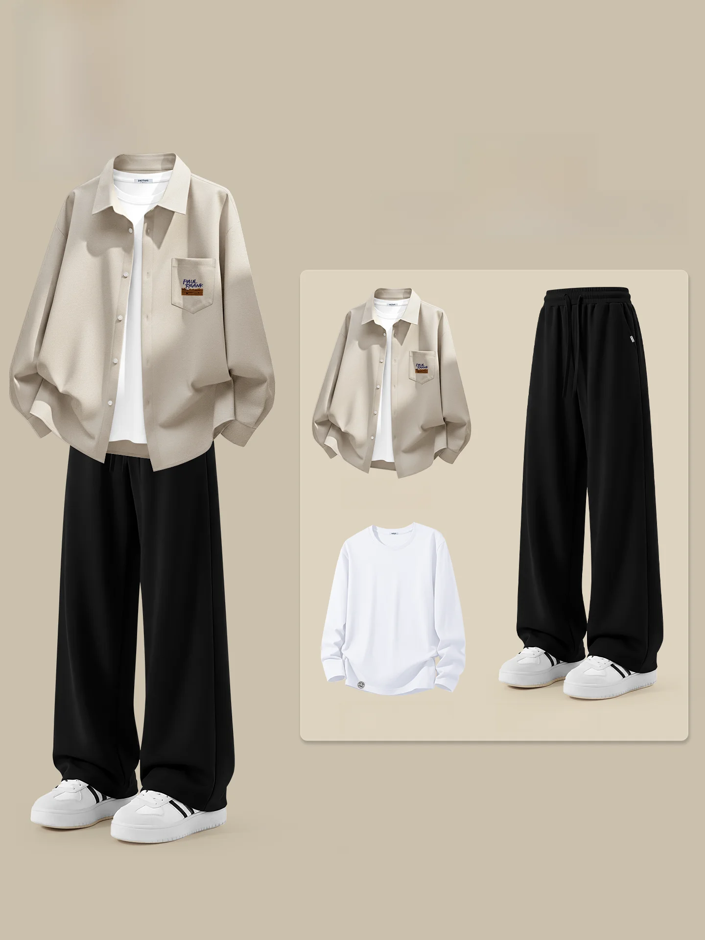 

Loose Fit Monkey Men's irt Set Straight Leg Pants Long Sve Breathable Cotton Polyester Blend Spring Outfit