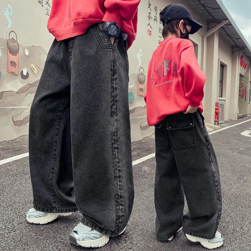 Kids Black Jeans Spring and Autumn Big Pocket Children's Straight Pants Loose Boys' Trousers Teenagers Wide-Leg Pants 4-15Y