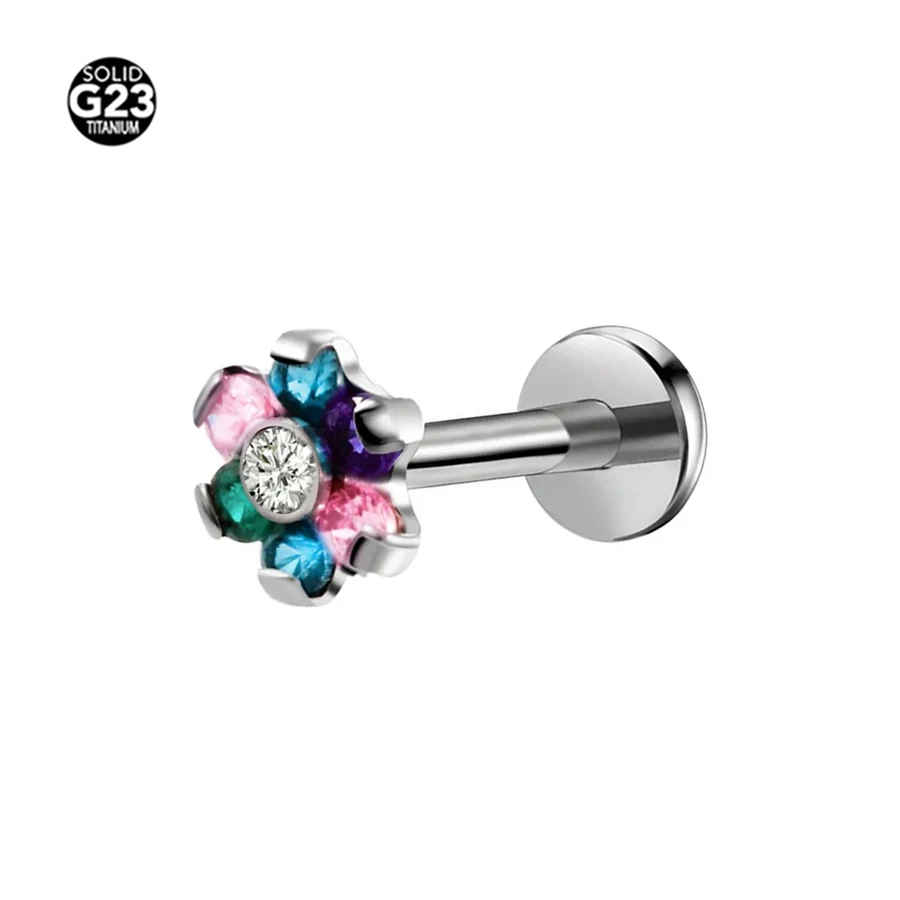1PC G23 Titanium Flower internally threaded Labret Ring CZ Labret Piercing Lip Morne Earrings Stud Cartilage Piercings Body Jewe