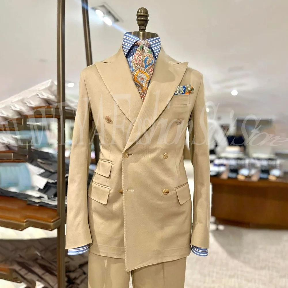 

Business Men Suits Slim Fit Fashion Peak Lapel Double Breasted Male Suit 2 Piece Elegant Casual Wedding Tuxedo Blazer with Pants