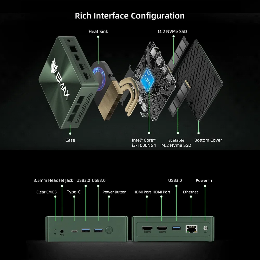 BMAX B6 Plus Mini PC Intel Core até 3.2GHz, 12GB LPDDR4 512GB SSD Wi-Fi 5 BT 4.2 3.5mm Áudio Windows 11 Pro