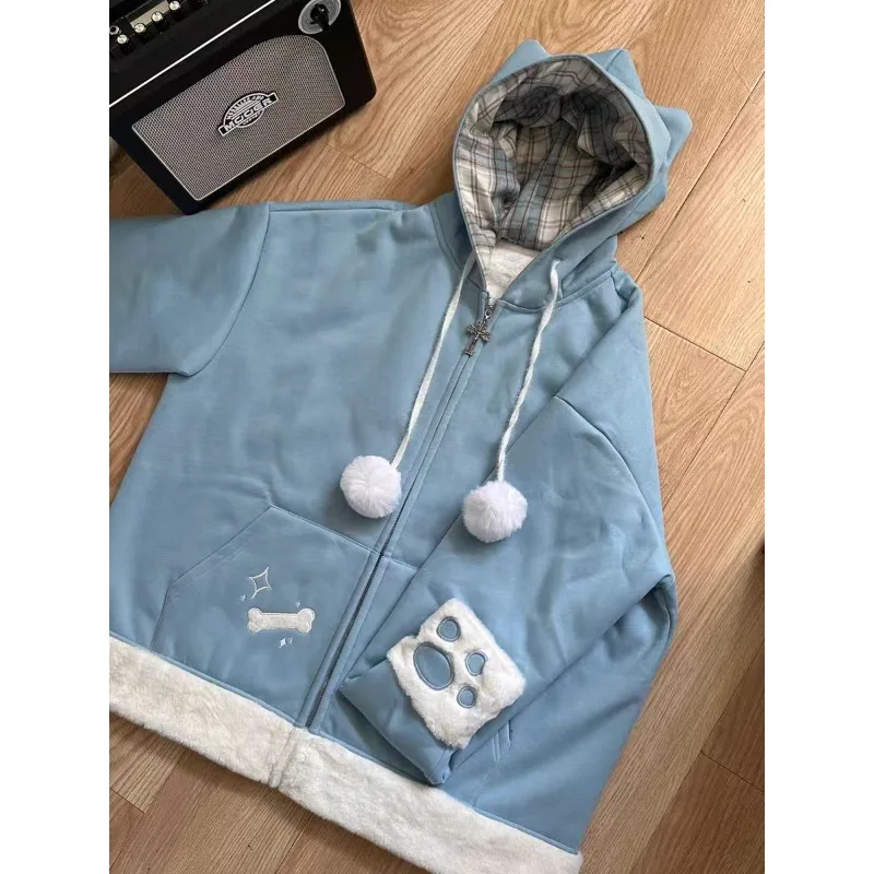 Subculture Y2k Black Cat Sweatshirts Autumn/Winter Plaid Kawaii Cat Ear Patchwork Hoodie Women Cute ChicTop Loose Casual Coat