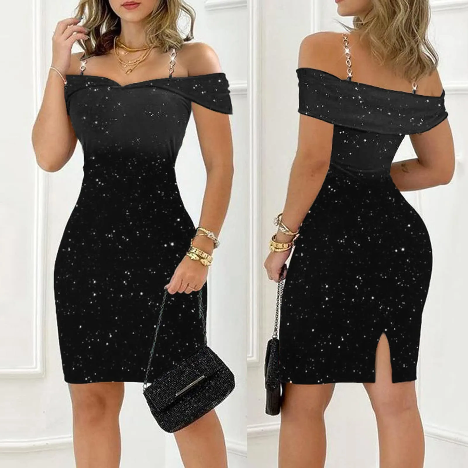 Women Off Shoulder Sexy Party Dress V Neck Slim Tight Fashion Shiny Dress Short Sleeve Chain Strap Dresses Elegant Ladies Robe