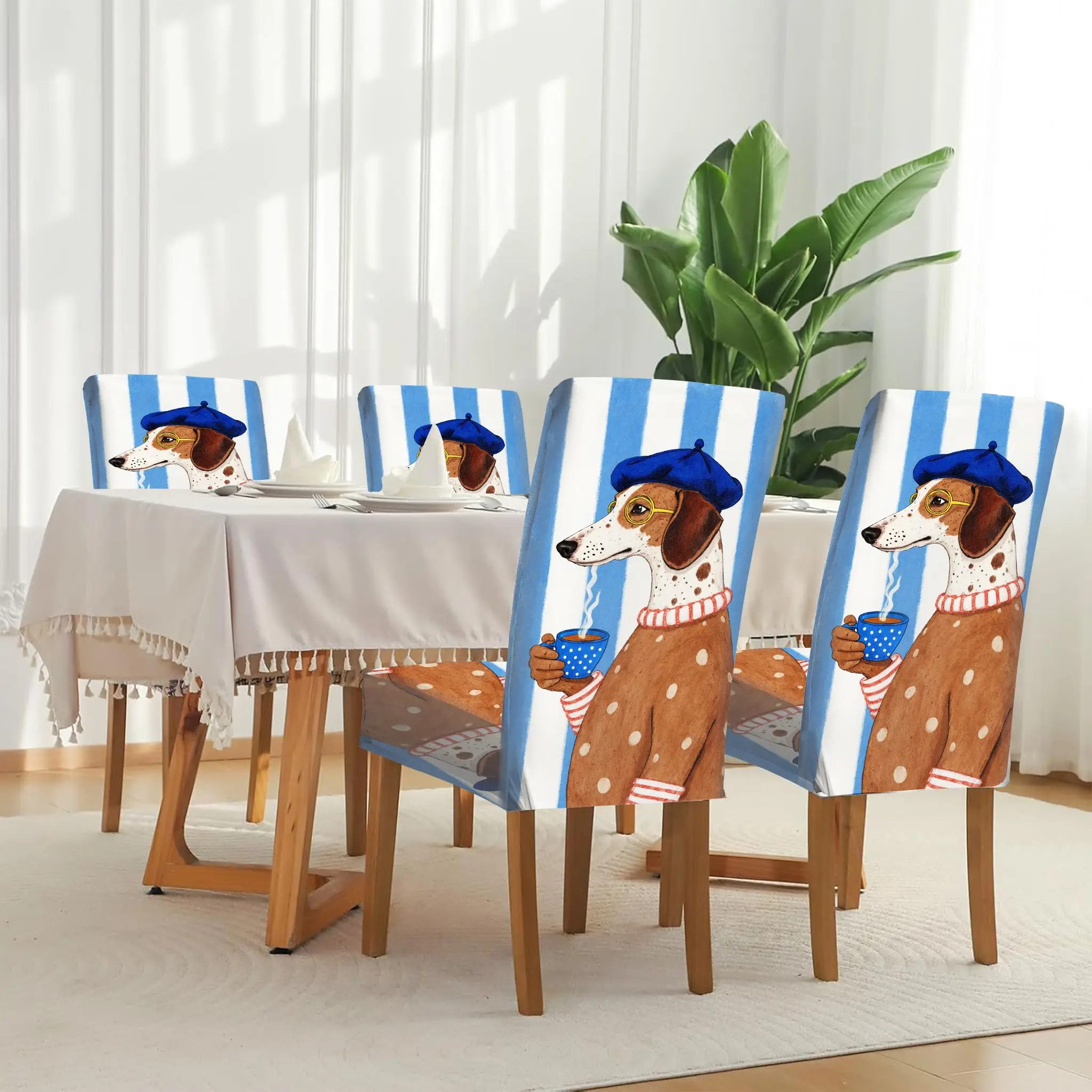 

Chic stylish dog with blue beret, polka dot cup in hand, background stripes, family dining chair cover