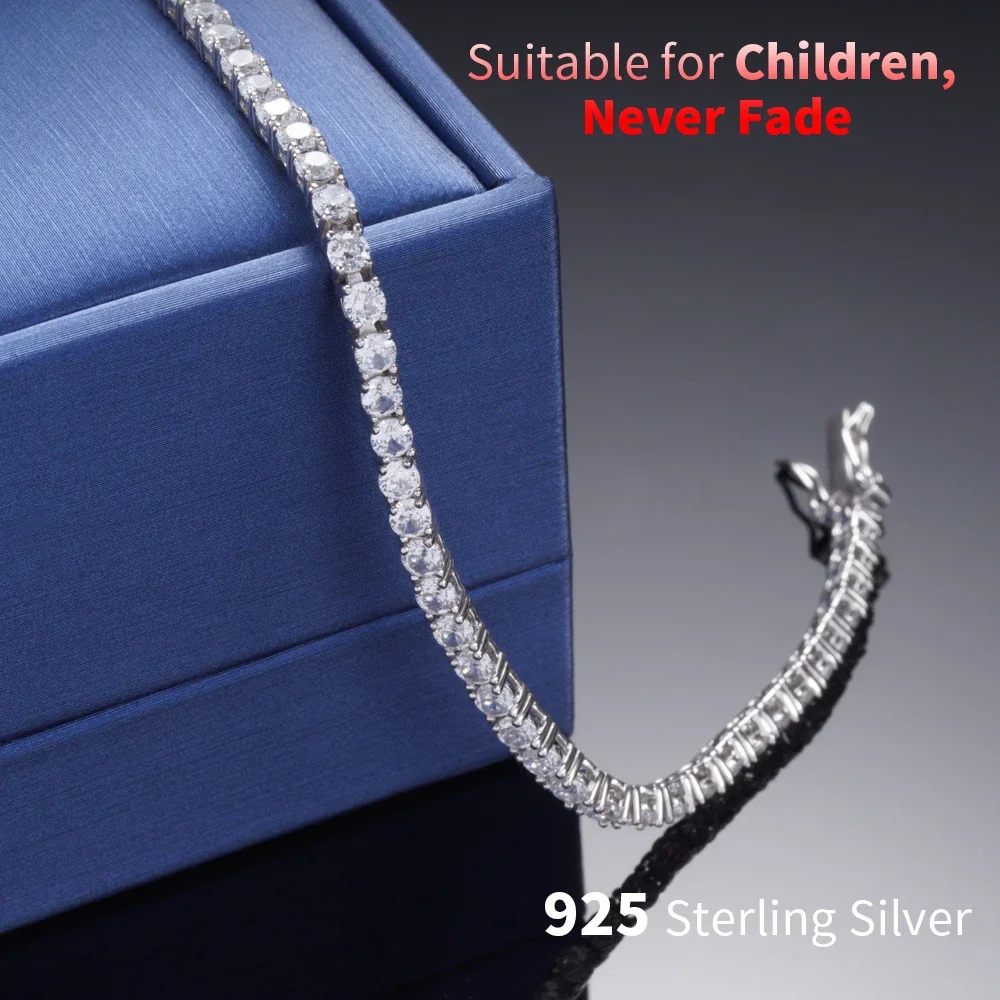 TKJ 3mm Tennis Bracelet Genuine 925 Sterling Silver Round Square CZ Cubic Zircon Jewelry Women Men\'s Bracelet Birthday Gift