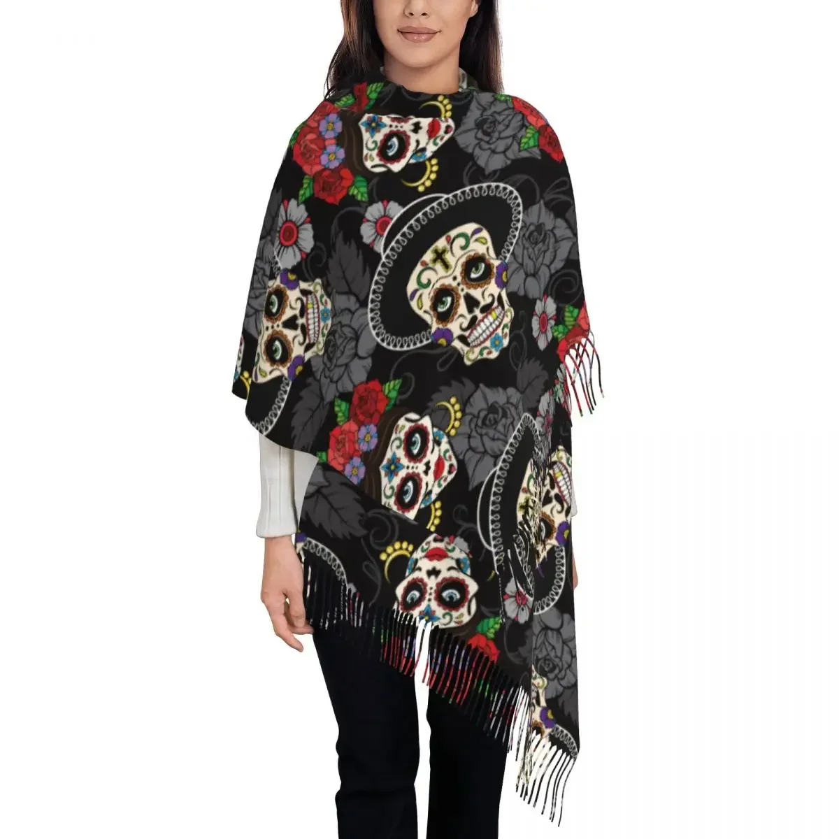 Day Of The Dead Halloween Shawl Wraps for Ladies Warm Large Long Scarf Sugar Skull Rose Pashmina Tassel Scarves